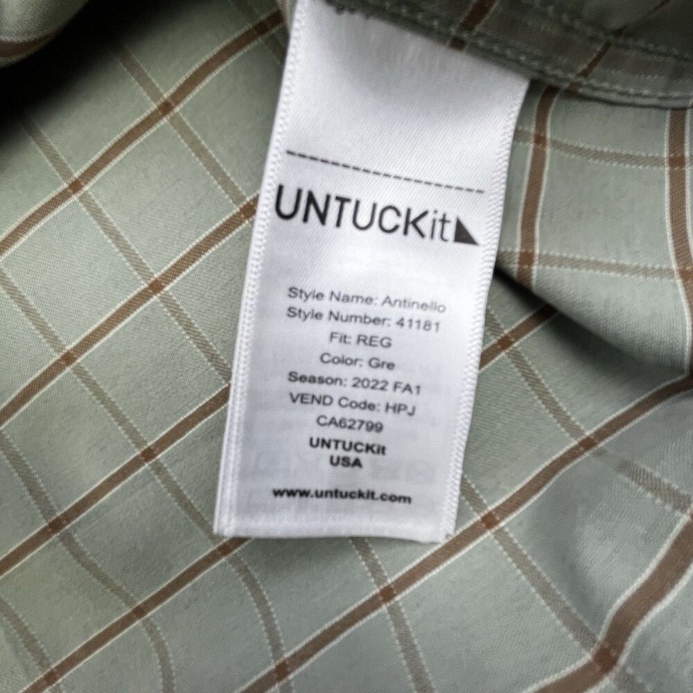 UNTUCKit Performance Shirt Medium Green Plaid Button Front Polyester Designer - Picture 8 of 12